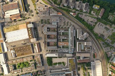 High angle view of buildings in city