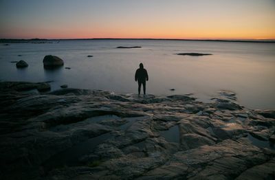 Rear view of man standing on rock at beach