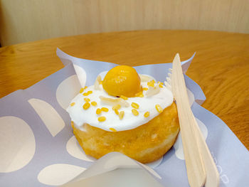 High angle view of dessert on table