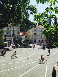 People walking in front of building