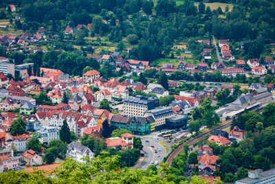 High angle view of townscape and trees in city