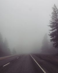 Road by trees against sky during foggy weather