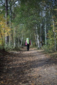 Rear view of women walking on road in forest