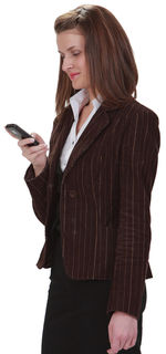 Young woman using mobile phone against white background