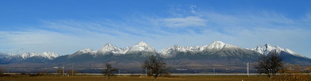 Scenic view of landscape with snowcapped mountains against sky