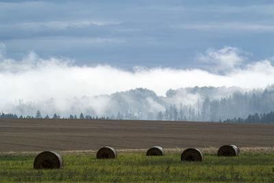 Hay bales on field against sky