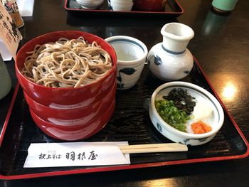 High angle view of various food on table