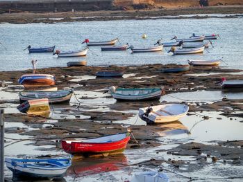 High angle view of boats moored in lake