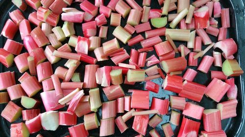 Directly above shot of chopped sugar cane in tray