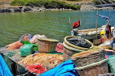 Fishing boats moored in sea