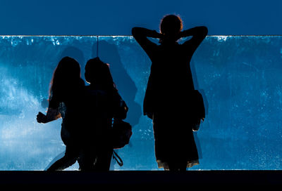 Rear view of silhouette people standing against blue sky