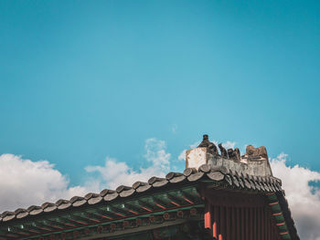 Low angle view of temple building against blue sky