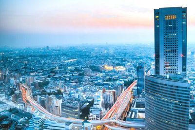 Aerial view of city at night