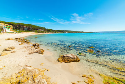 Scenic view of beach against blue sky