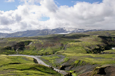 Scenic view of mountains against cloudy sky