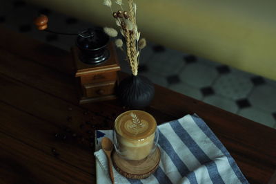 High angle view of drink on table