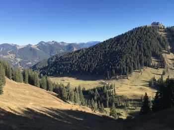 Scenic view of landscape against clear blue sky