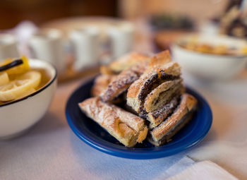 Close-up of cake in plate on table