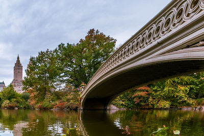 Arch bridge over river against sky