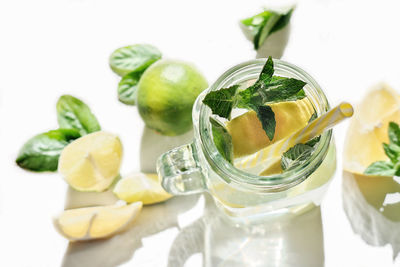 Close-up of fruits in glass on table