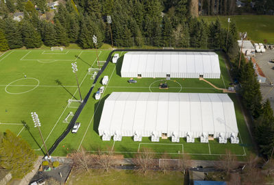 High angle view of soccer field