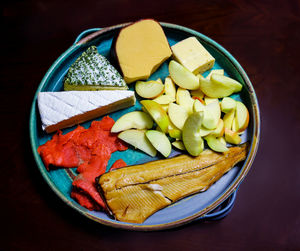 High angle view of fruits in bowl on table