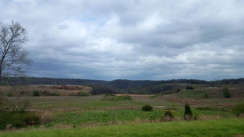 Scenic view of grassy field against cloudy sky