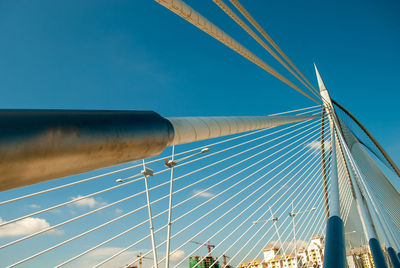Low angle view of suspension bridge against clear blue sky
