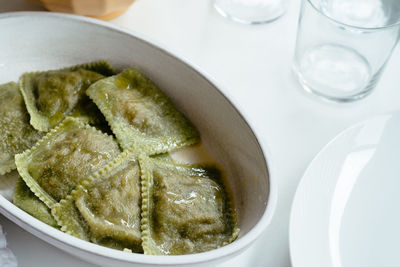 High angle view of ravioli in plate