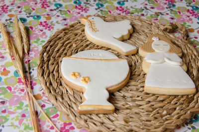 High angle view of cookies on straw placemat