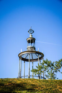 Low angle view of cross against clear blue sky