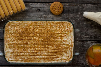 Tiramisu with mango. modified dessert with pieces of mango