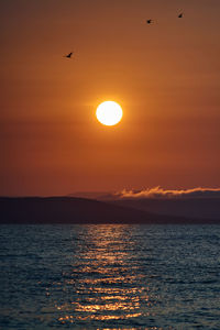 Scenic view of sea against orange sky