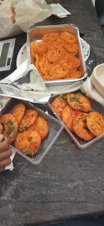 High angle view of food in plate on table