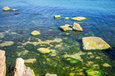 Large stones in the water. water pollution.