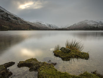 Scenic view of lake and mountains against sky