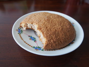 High angle view of cookies in plate on table