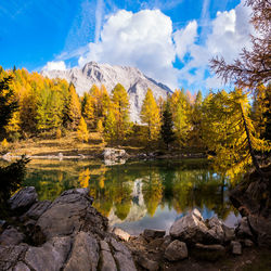 Scenic view of lake by trees against sky