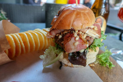 Close-up of burger on table