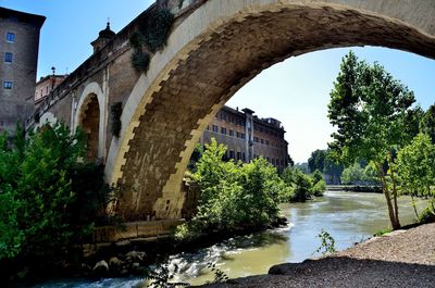 Arch bridge over river by buildings against clear sky