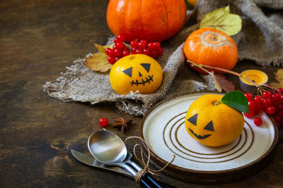 High angle view of pumpkins on table