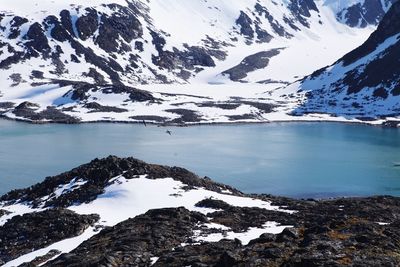 Scenic view of lake by snowcapped mountain