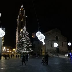 Illuminated christmas tree and buildings in city at night