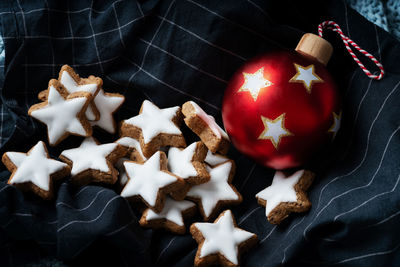 High angle view of cookies on christmas tree