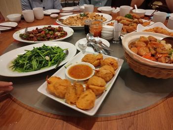 High angle view of food served on table