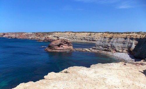 Scenic view of rock formations against clear blue sky