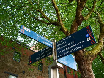 Low angle view of road sign against trees