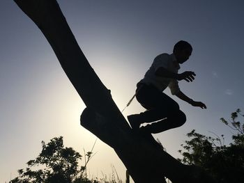 Low angle view of man jumping from bare tree against sky