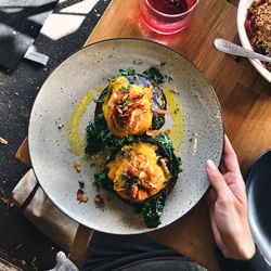 High angle view of meal served on table