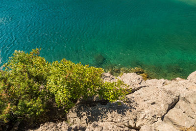 High angle view of rocks by sea